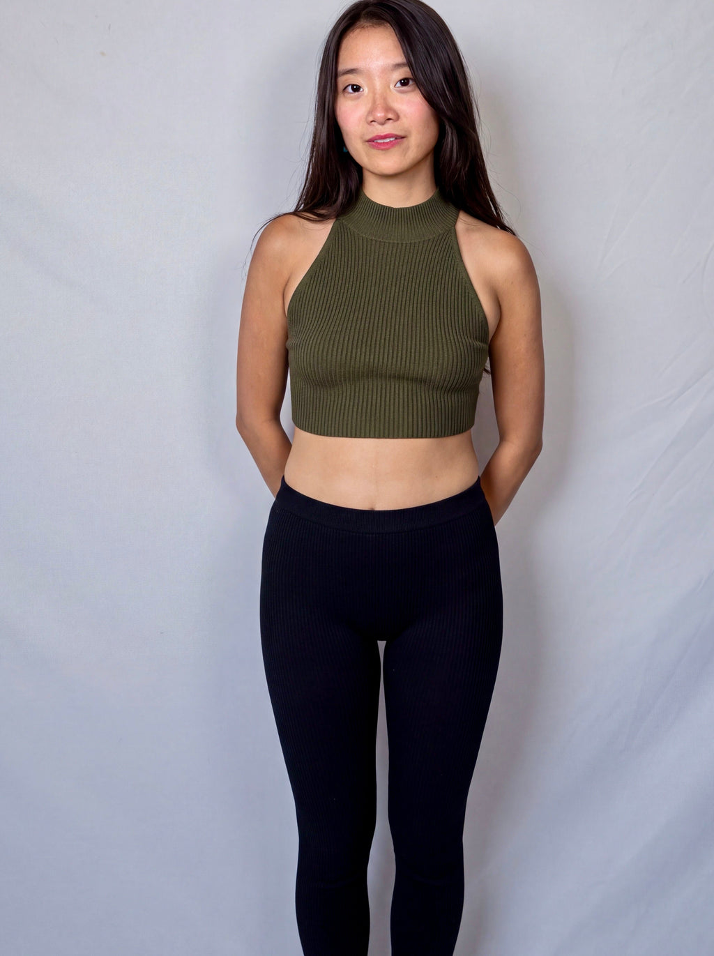 The Form Crop Shell rib knit - combat green - designed and made by The Knit House LA