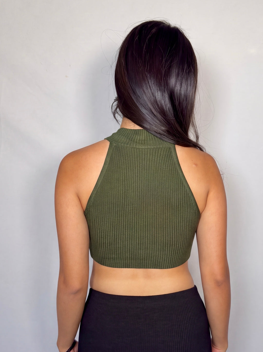 The Form Crop Shell rib knit - combat green - designed and made by The Knit House LA