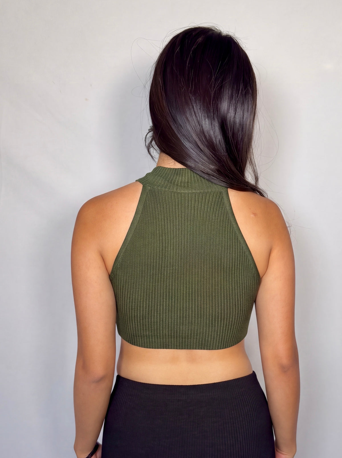 The Form Crop Shell rib knit - combat green - designed and made by The Knit House LA