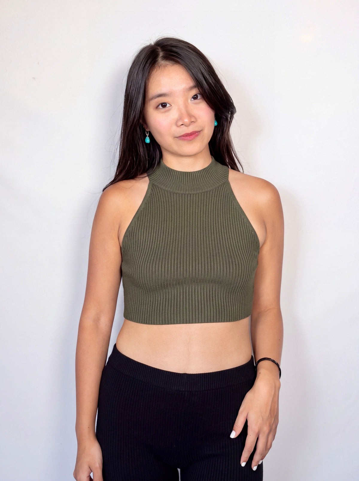 The Form Crop Shell rib knit - combat green - designed and made by The Knit House LA