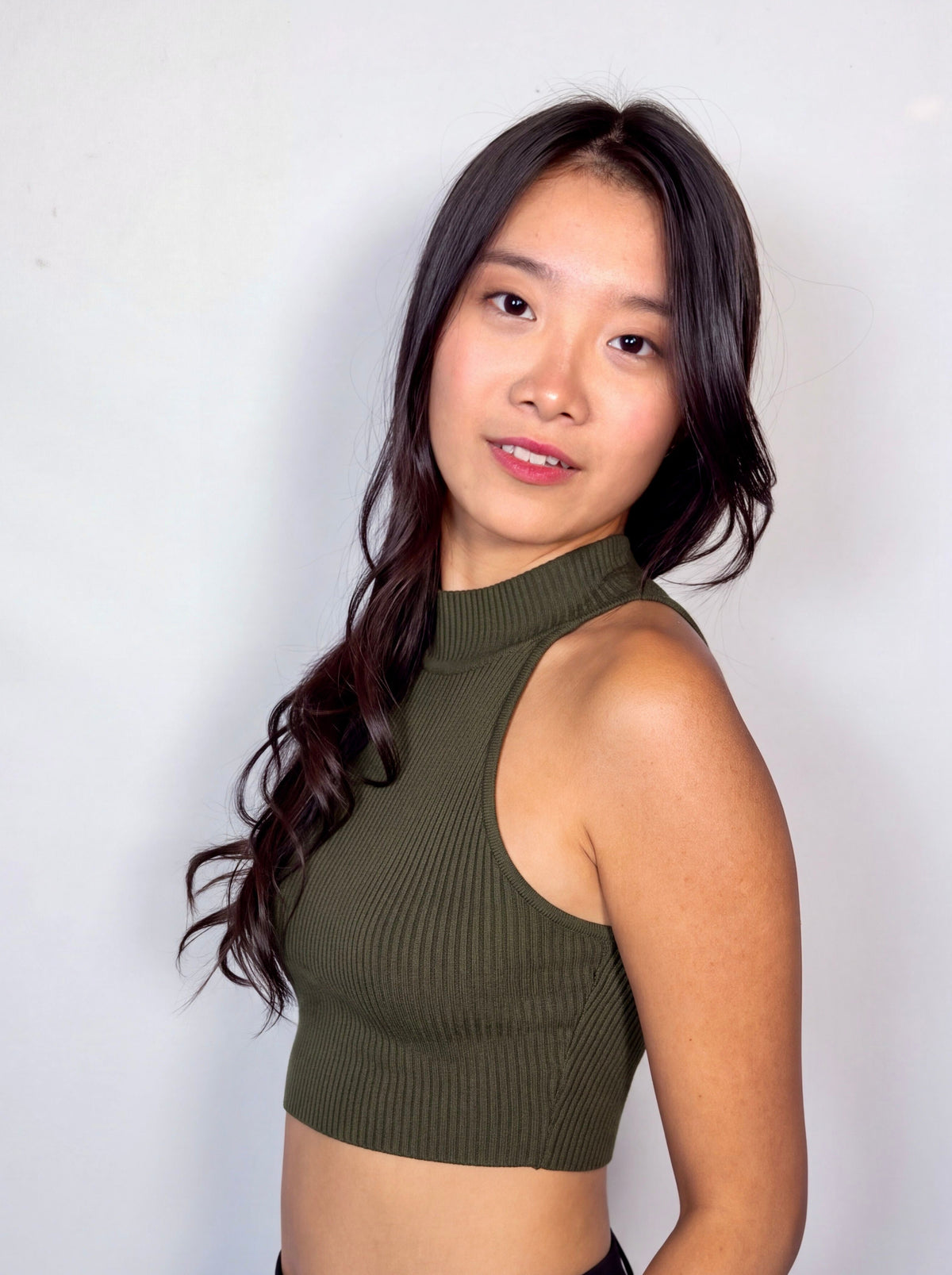 The Form Crop Shell rib knit - combat green - designed and made by The Knit House LA