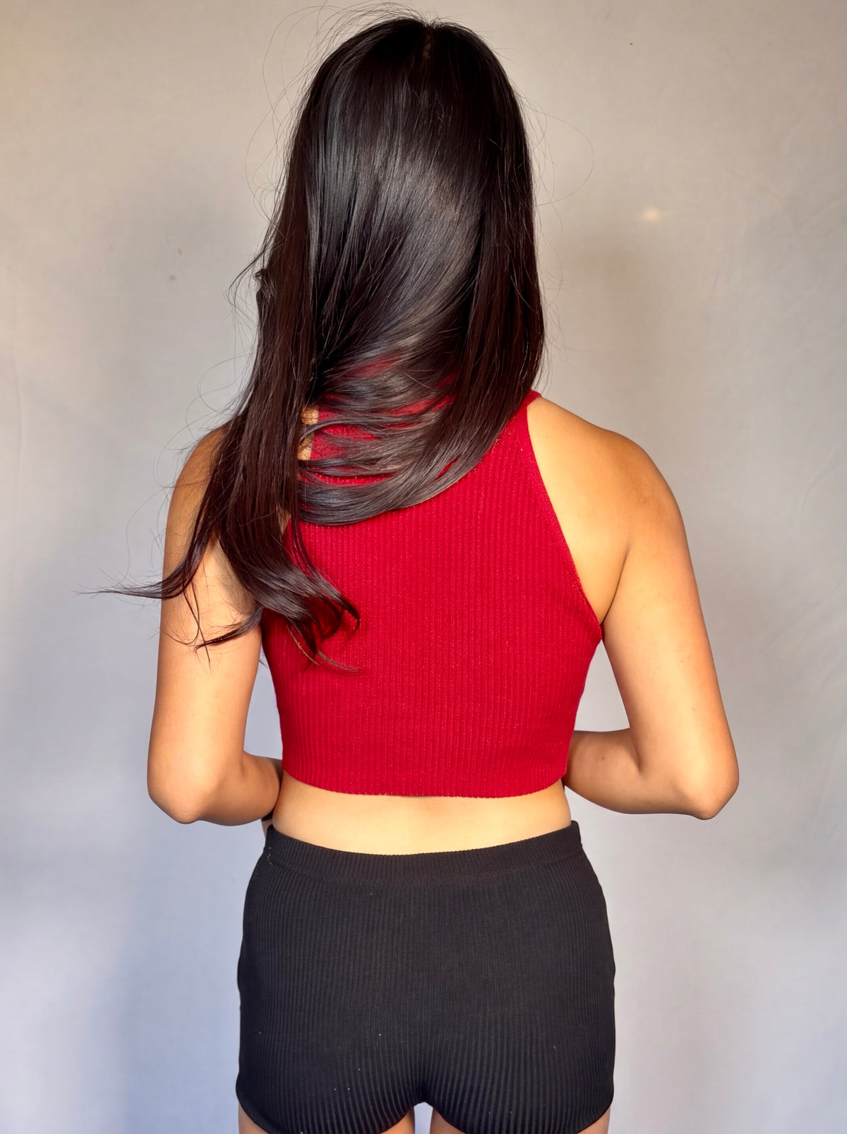 The Form Crop Shell rib knit - signature red - designed and made by The Knit House LA