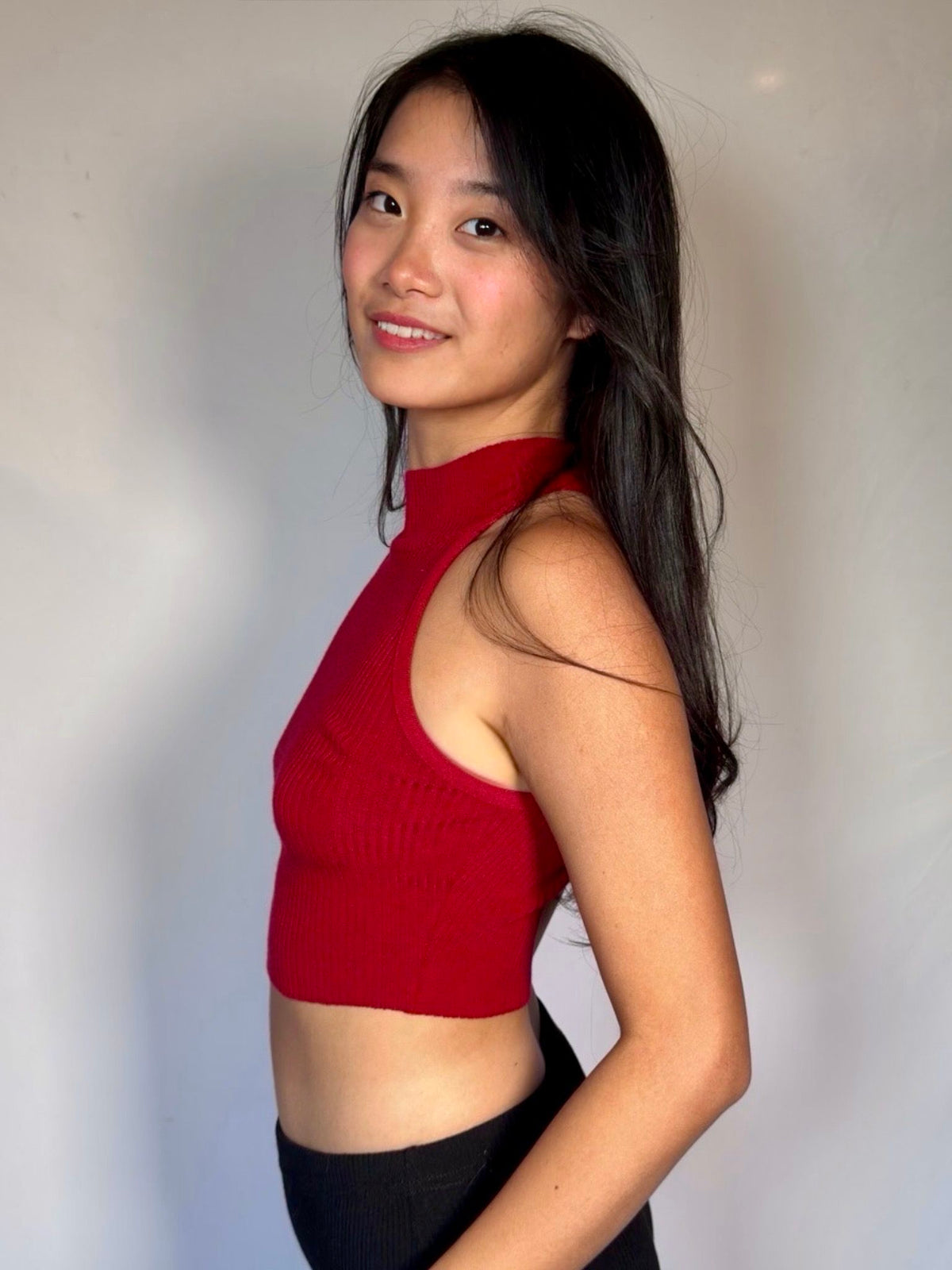 The Form Crop Shell rib knit - signature red - designed and made by The Knit House LA