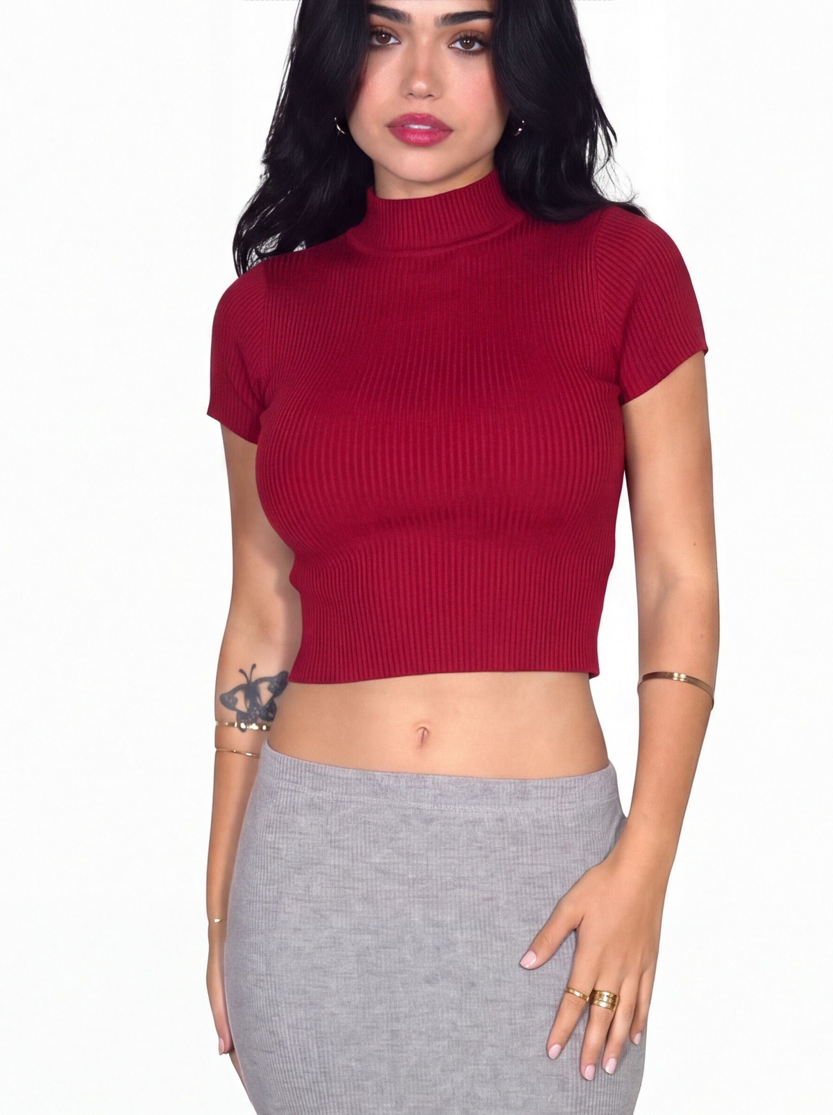 The Form Crop Short Sleeve rib knit - brick red - designed and made by The Knit House LA
