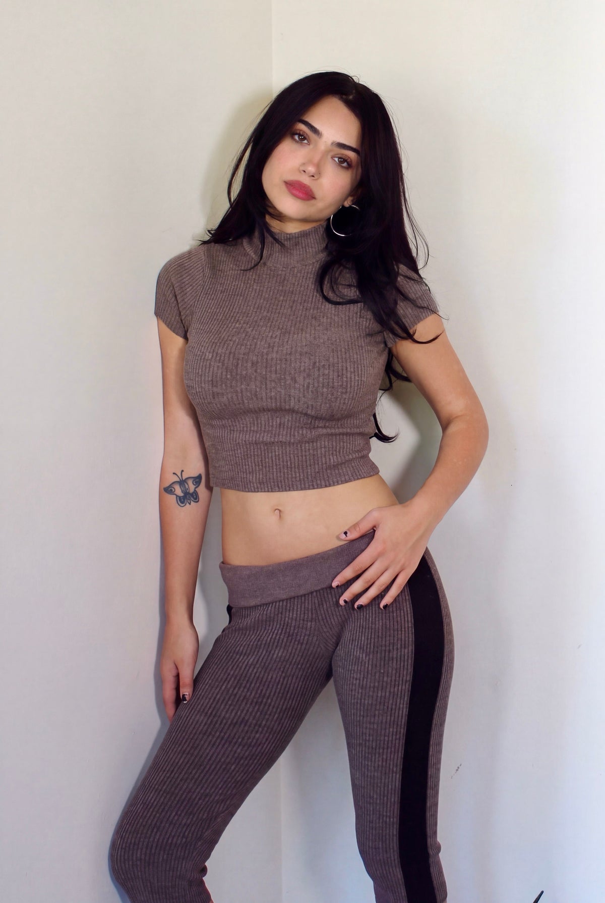 The Form Crop Short Sleeve rib knit - cinder taupe - designed and made by The Knit House LA