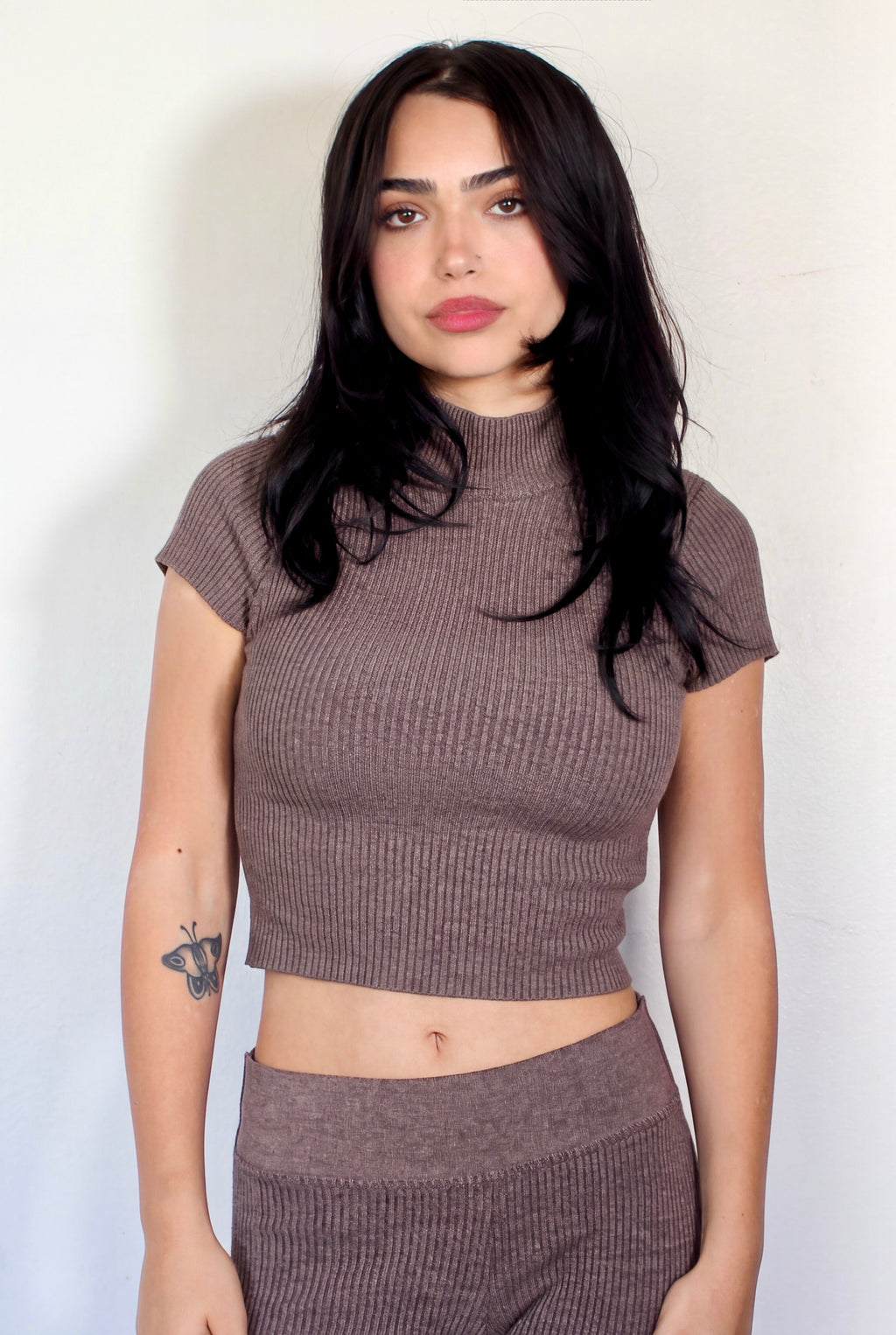 The Form Crop Short Sleeve rib knit - cinder taupe - designed and made by The Knit House LA