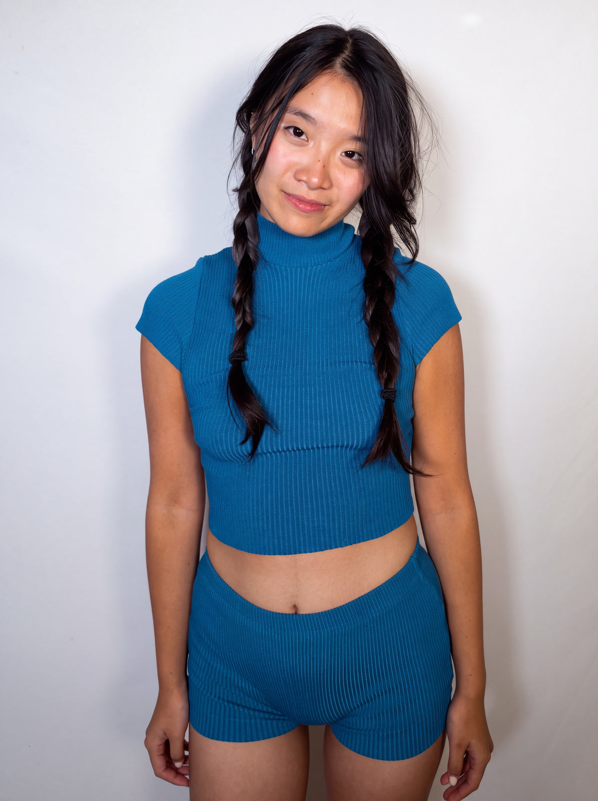 The Form Crop Short Sleeve rib knit - cobalt blue - designed and made by The Knit House LA