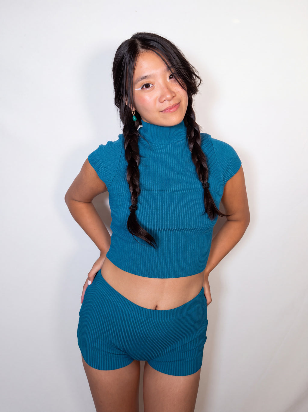 The Form Crop Short Sleeve rib knit - cobalt blue - designed and made by The Knit House LA