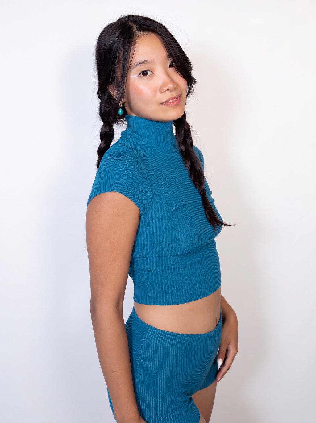 The Form Crop Short Sleeve rib knit - cobalt blue - designed and made by The Knit House LA
