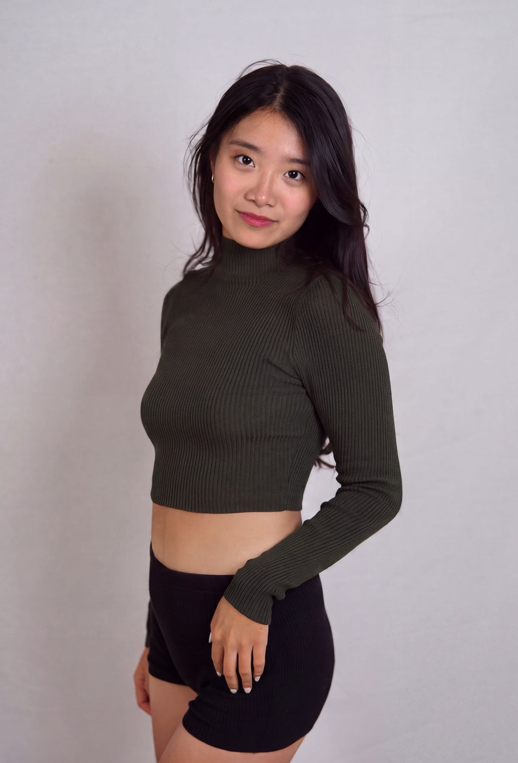 The Form Crop Long Sleeve rib knit - combat green - designed and made by The Knit House LA