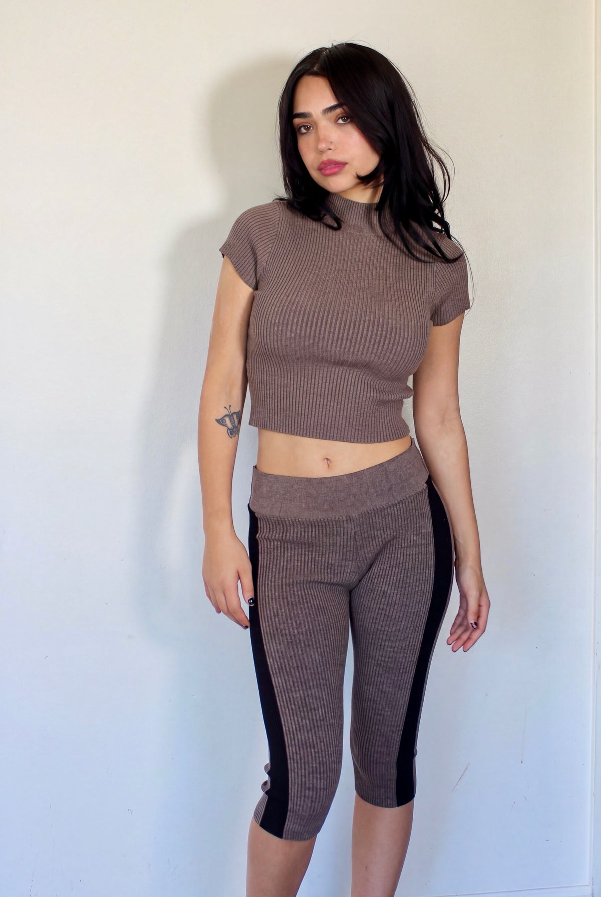 The Form Crop Short Sleeve rib knit - cinder taupe - designed and made by The Knit House LA