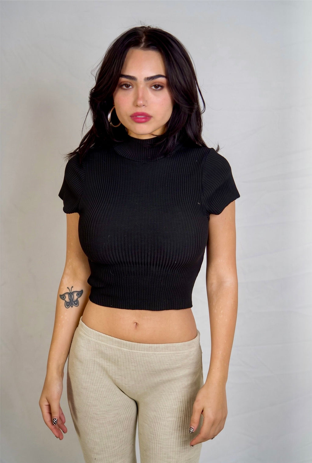 The Form Crop Short Sleeve rib knit - ink black - designed and made by The Knit House LA