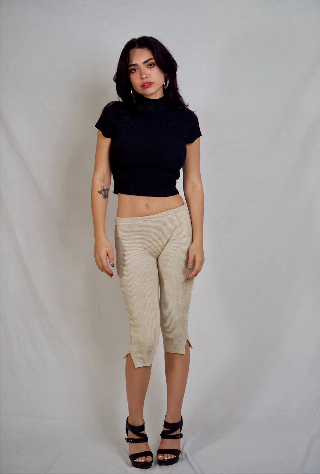 The Form Crop Short Sleeve rib knit - ink black - designed and made by The Knit House LA