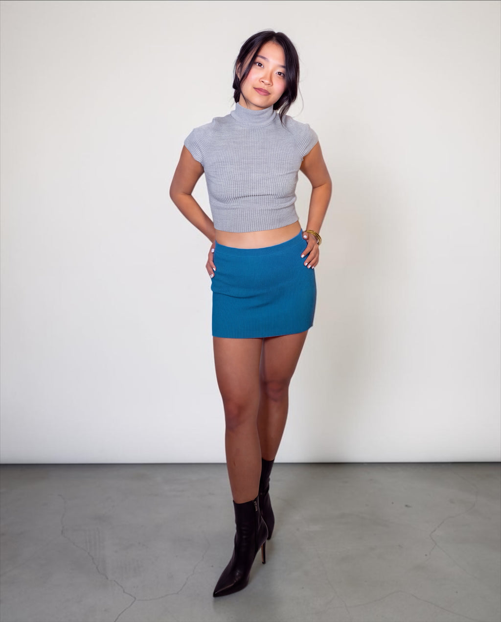 The Form Crop Short Sleeve rib knit - mist grey - designed and made by The Knit House LA