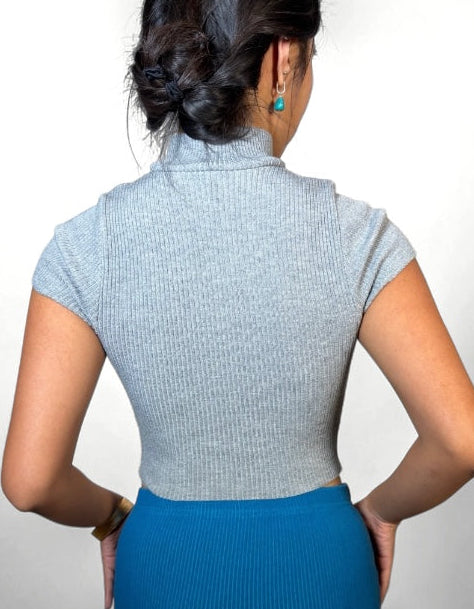 The Form Crop Short Sleeve rib knit - mist grey - designed and made by The Knit House LA
