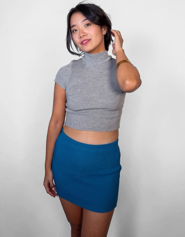 The Form Crop Short Sleeve rib knit - mist grey - designed and made by The Knit House LA