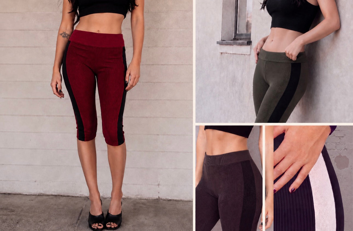 Collage of stripped leggings in brick, military green, and cinder with black side stripes, and black with white stripe detail. 