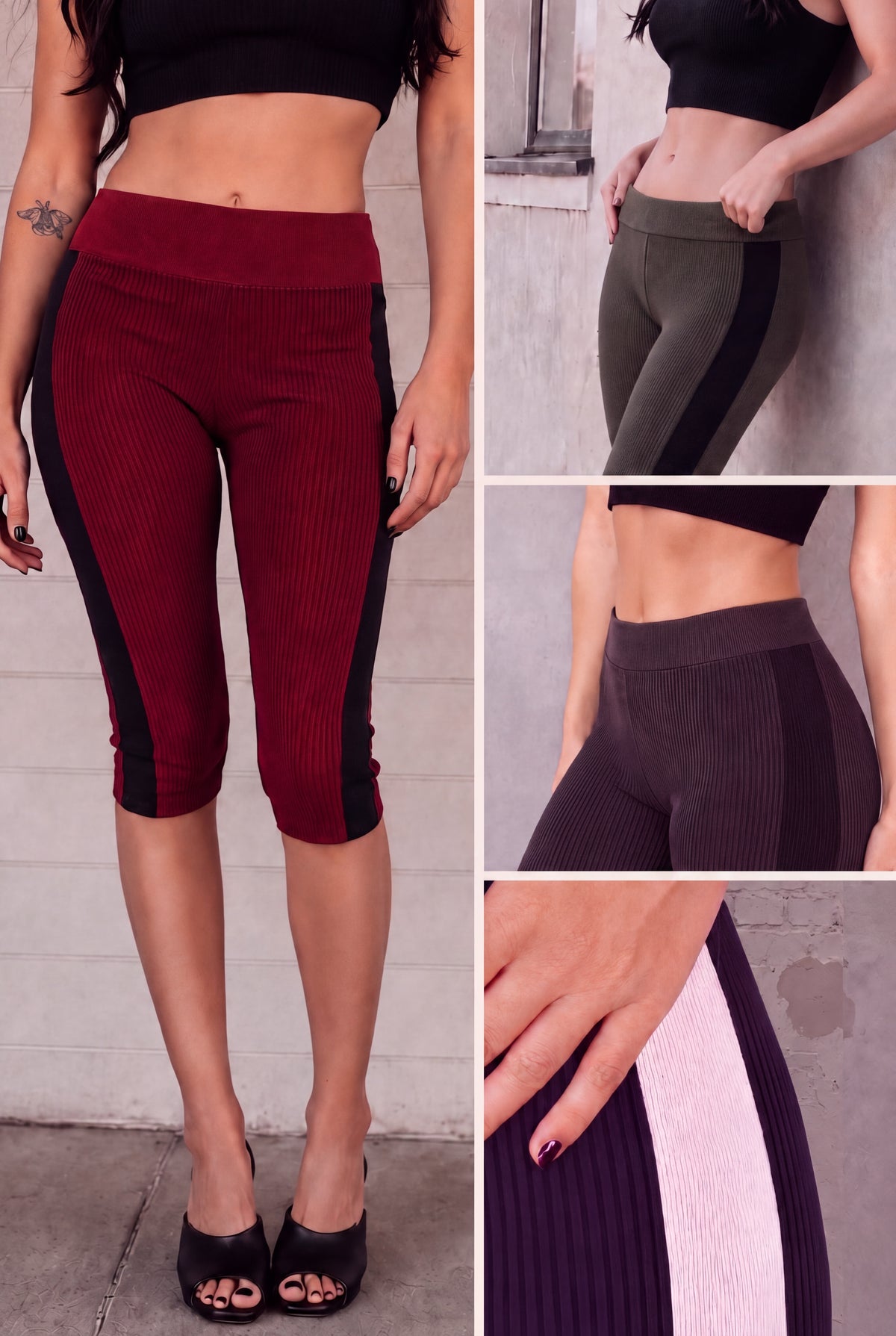A collage showing three views of ribbed capri leggings with side color-block panels: a model wears burgundy with black side panels, another view shows olive green with black side panels, and a close-up shows dark charcoal with a light pink side panel. The leggings are ribbed and mid-thigh length.