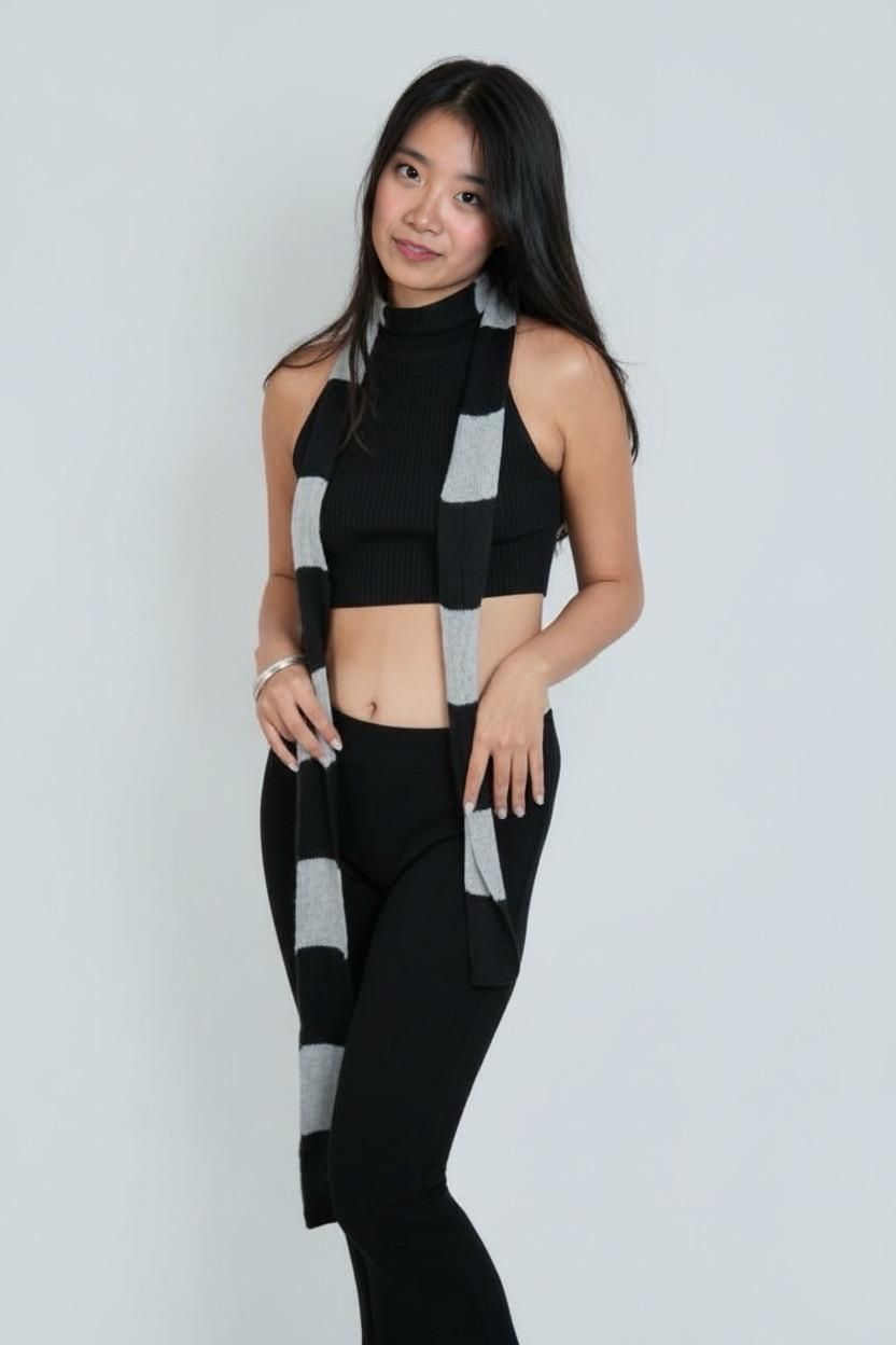 woman wearing extra long skinny stripe knit scarf in Slate grey and Coal black by The Knit House LA