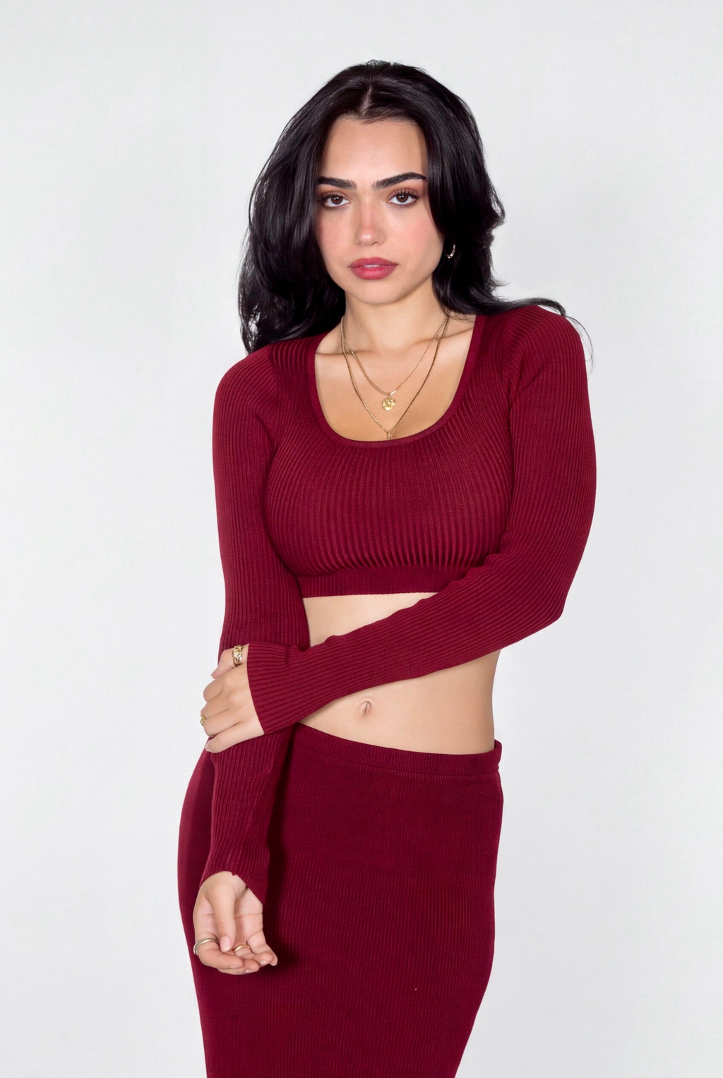 The Contour Crop Long Sleeve rib knit - brick red - designed and made by The Knit House LA