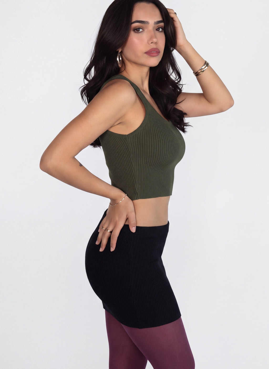 The Contour Crop Tank sculpted knit - combat green - designed and made by The Knit House LA
