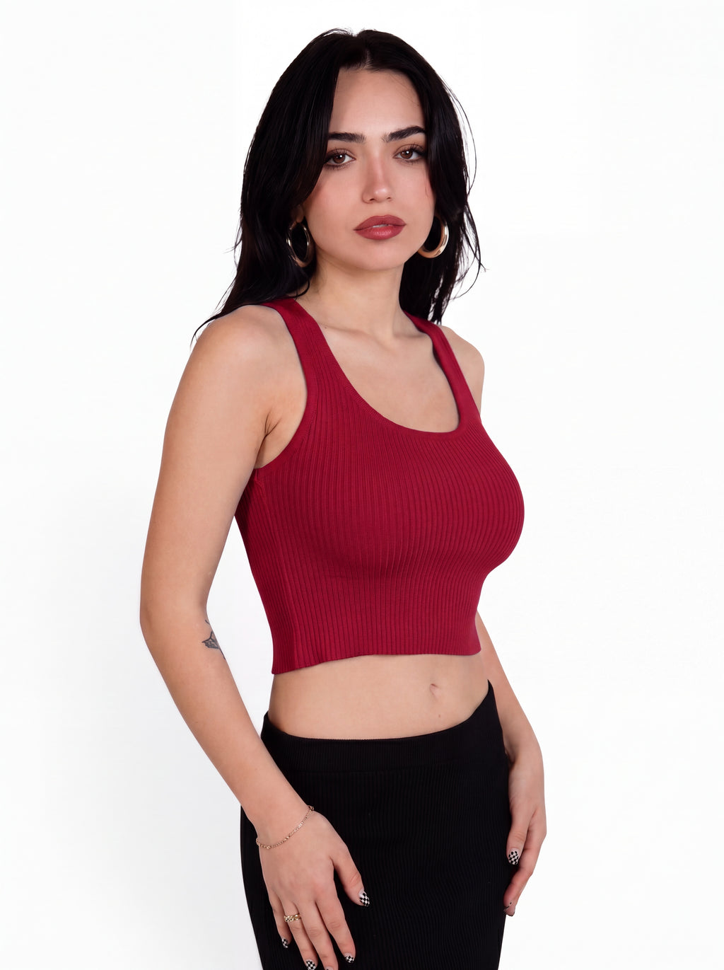 The Contour Crop Tank sculpted knit - brick red - designed and made by The Knit House LA