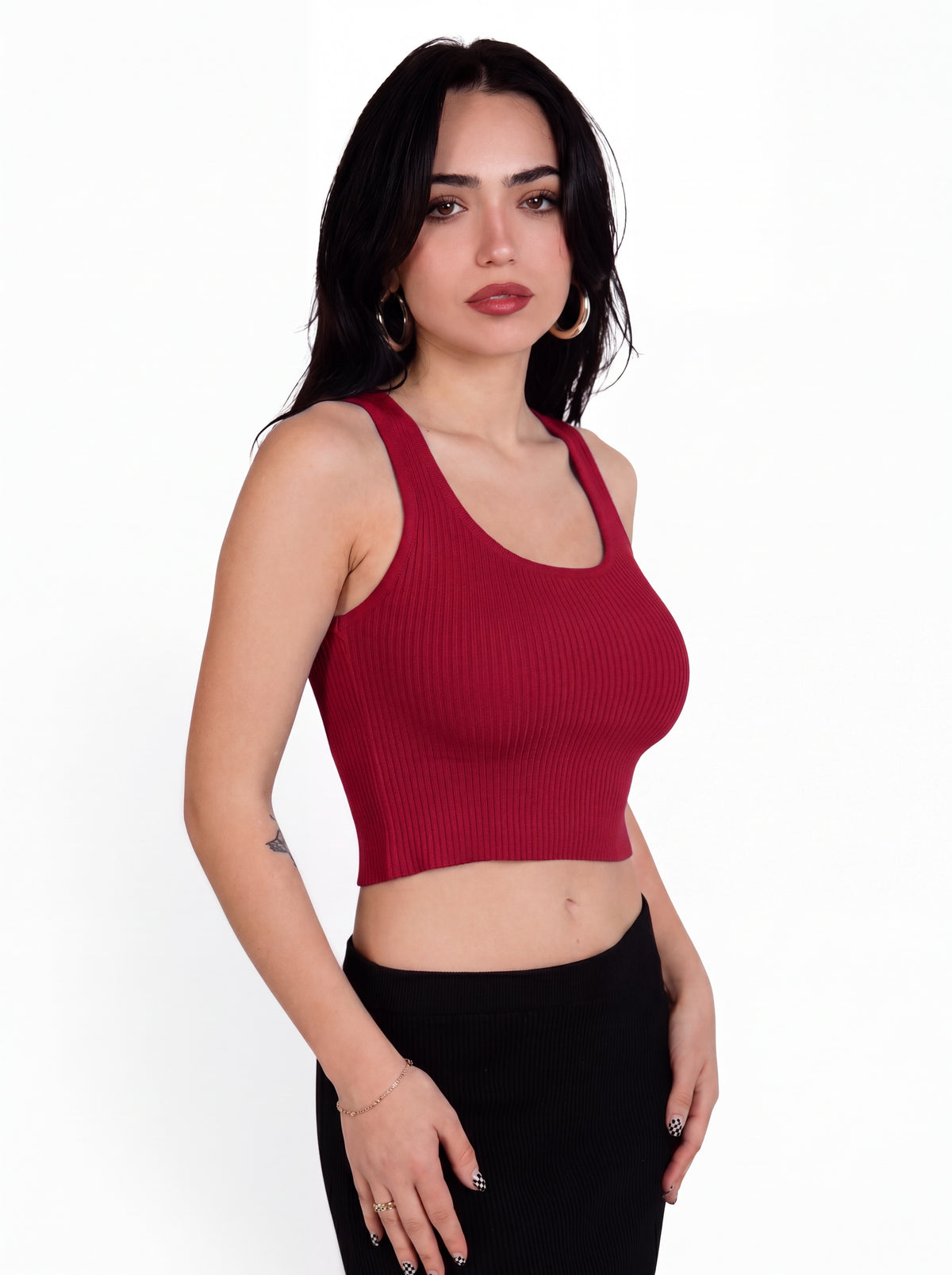 The Contour Crop Tank sculpted knit - brick red - designed and made by The Knit House LA