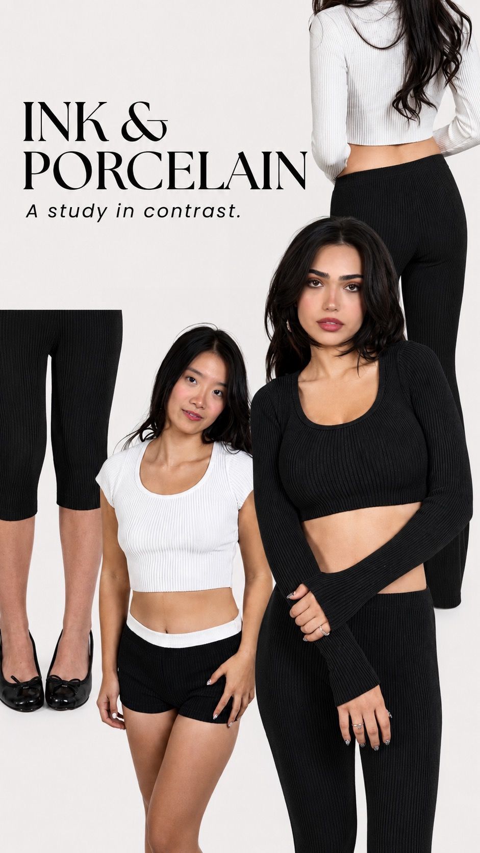 Various black and white rib knit essentials by TKHLA