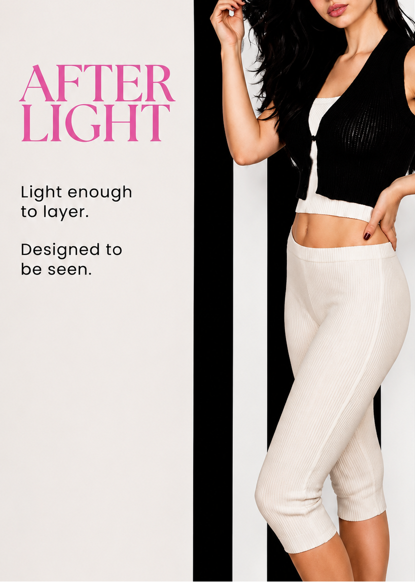 A fashion editorial-style photo of a woman wearing a black sleeveless top and light cream capri leggings against a white background with bold black vertical stripes. Pink text on the left reads 'AFTER LIGHT' with smaller copy below.