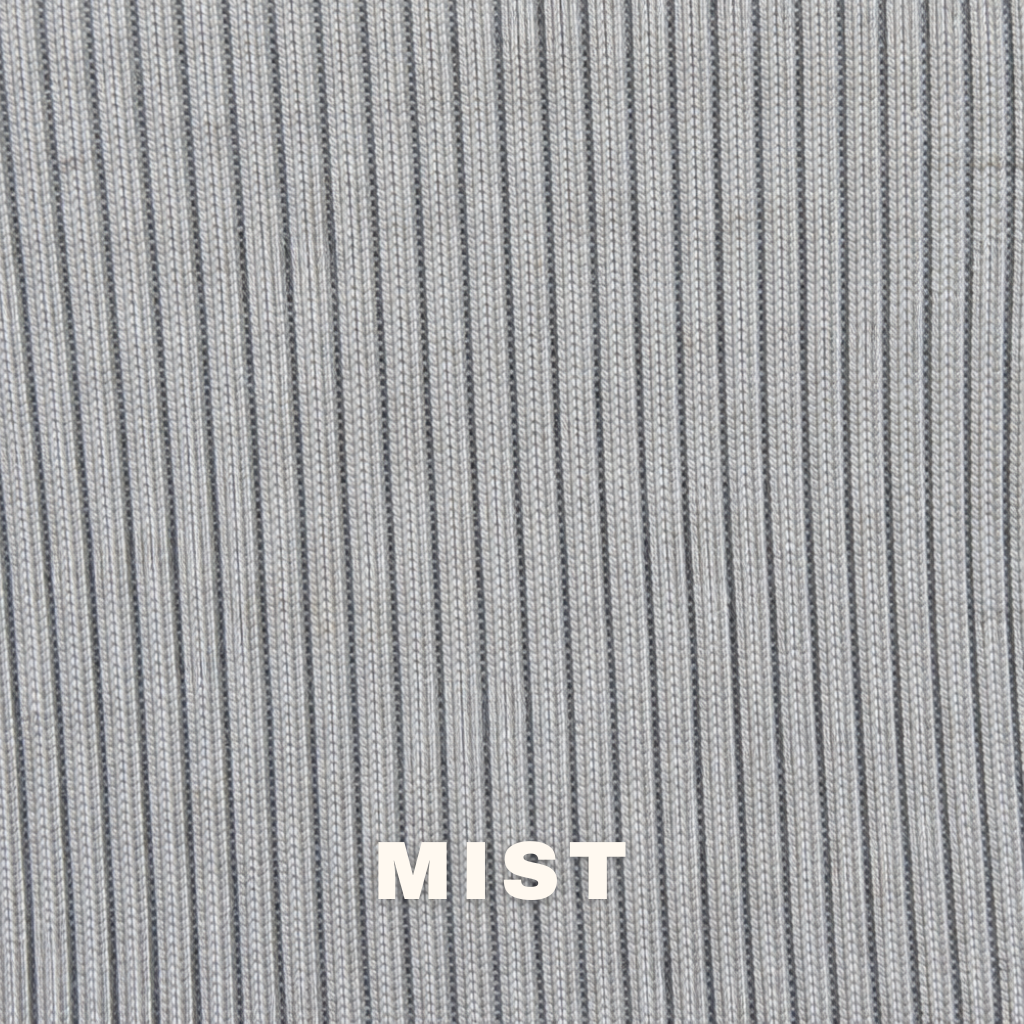 Mist grey 2x1 sweater rib knit swatch with 'MIST' label