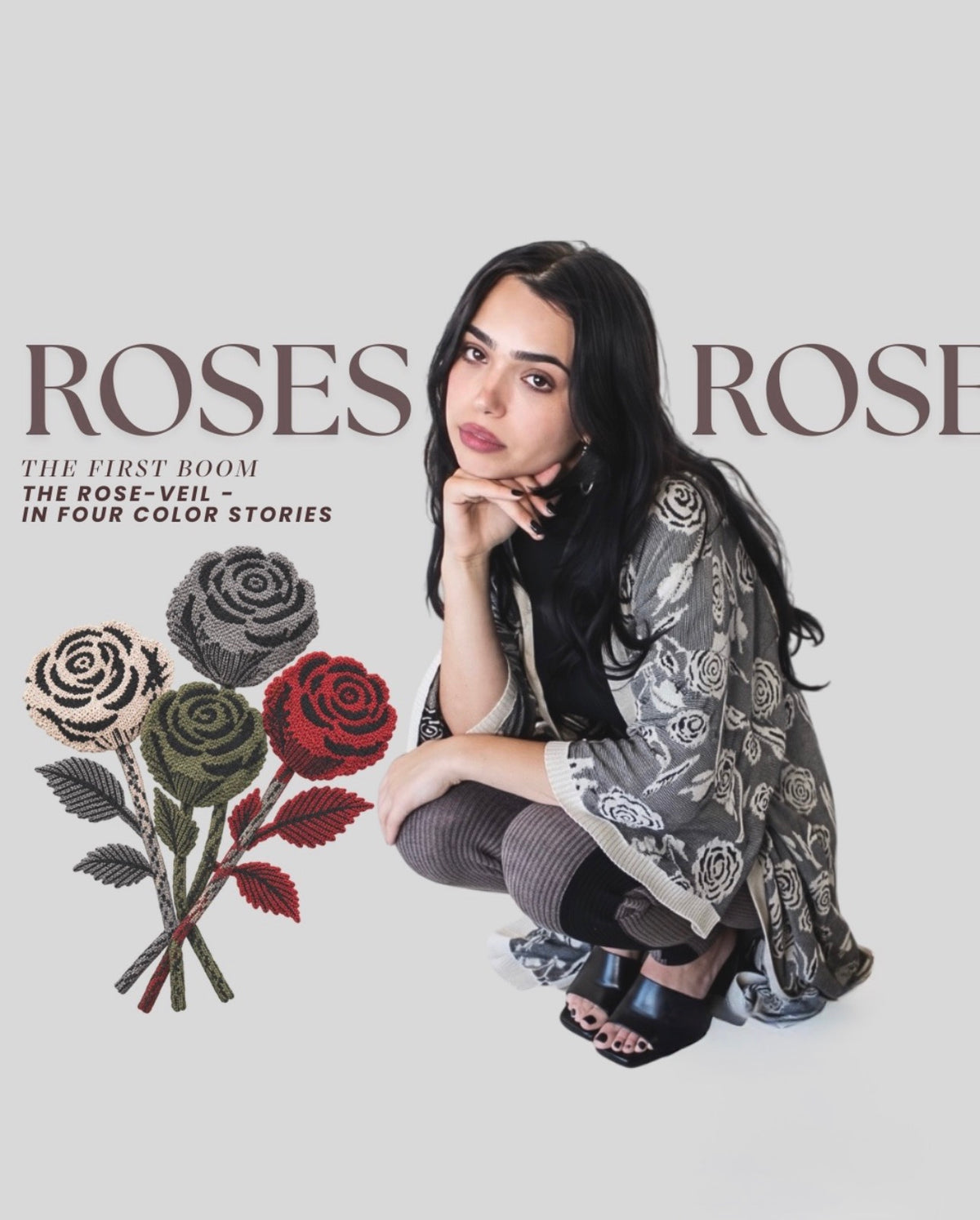 Girl wearing rose duster in grey & black. 