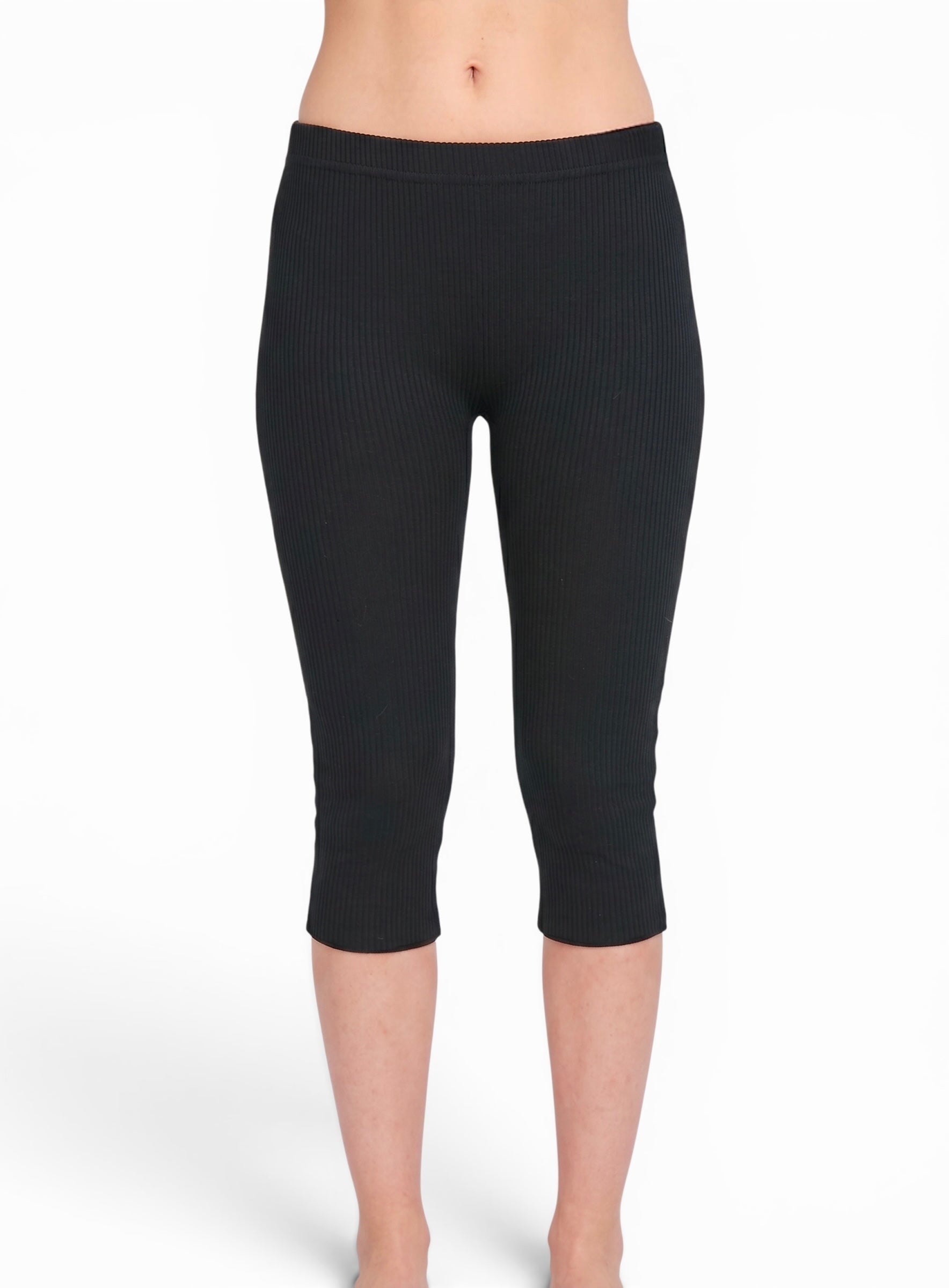 Close up of the front of  black rib knit Capri by TKHLA 