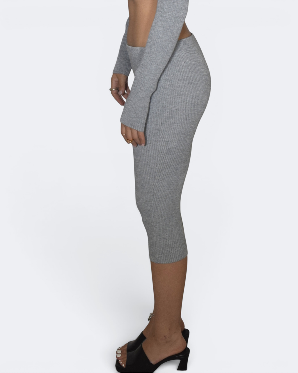 Mist Gray ribbed leggings worn by a person on a white background