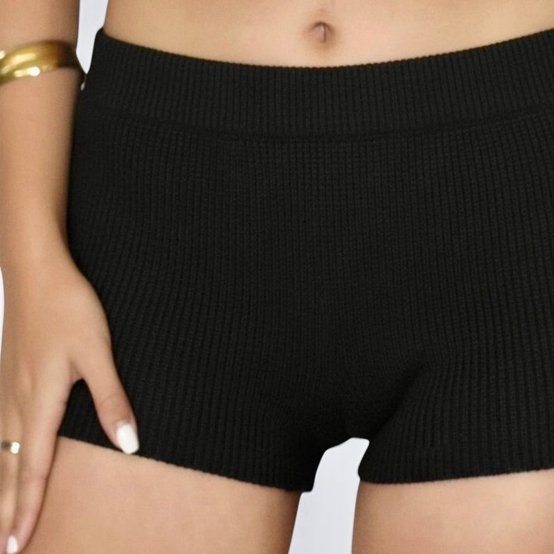 Close up of black hot pant seamless by The Knit House LA