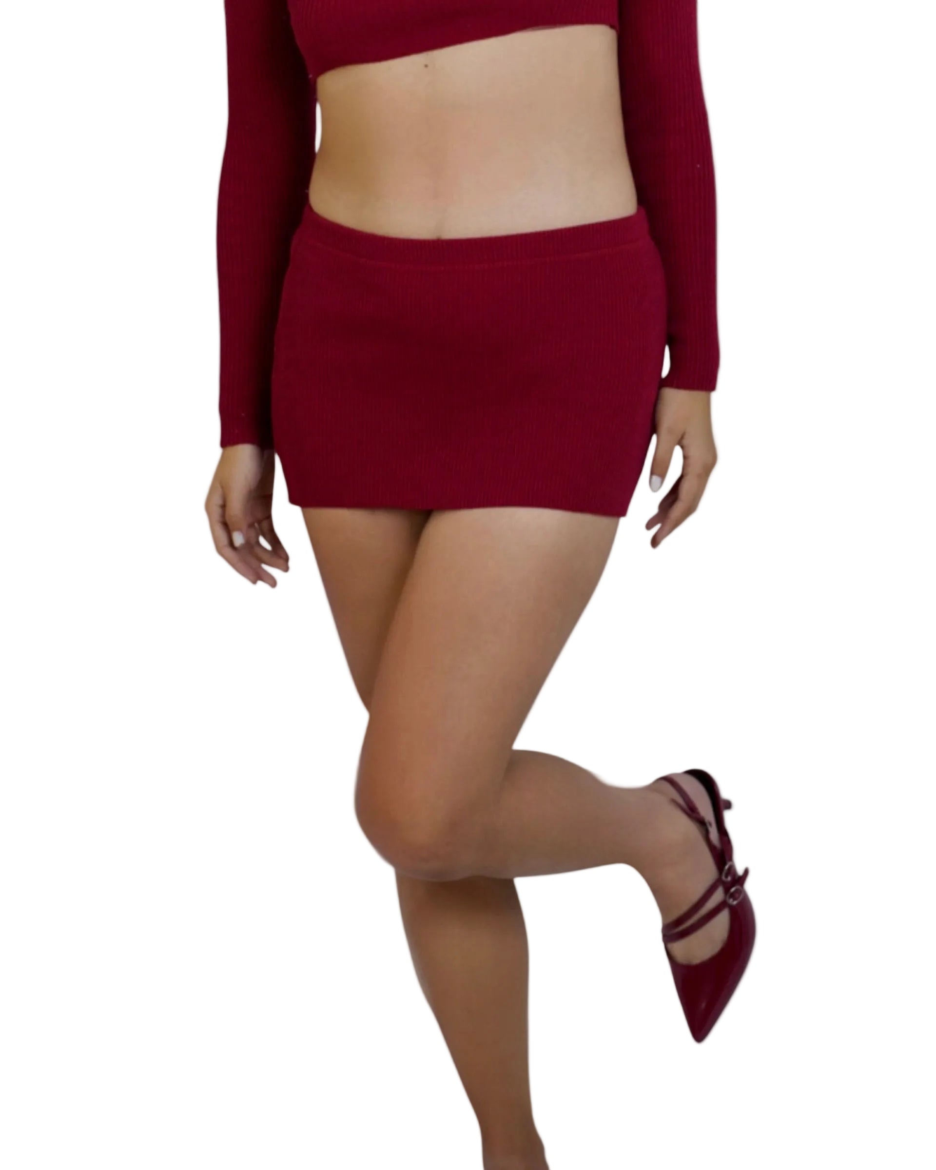 Person wearing red micro mini by The Knit House LA