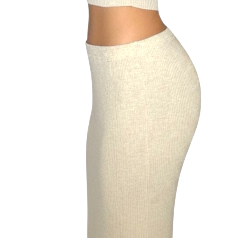 Side view of beige rib knit pencil skirt by The Knit House LA