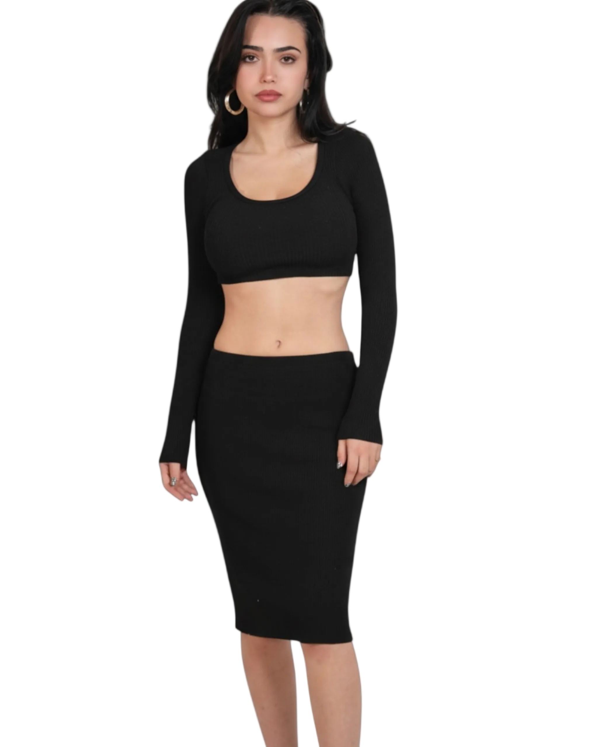 Woman wearing a black long-sleeve scoop-neck crop top and black pencil skirt on a white background