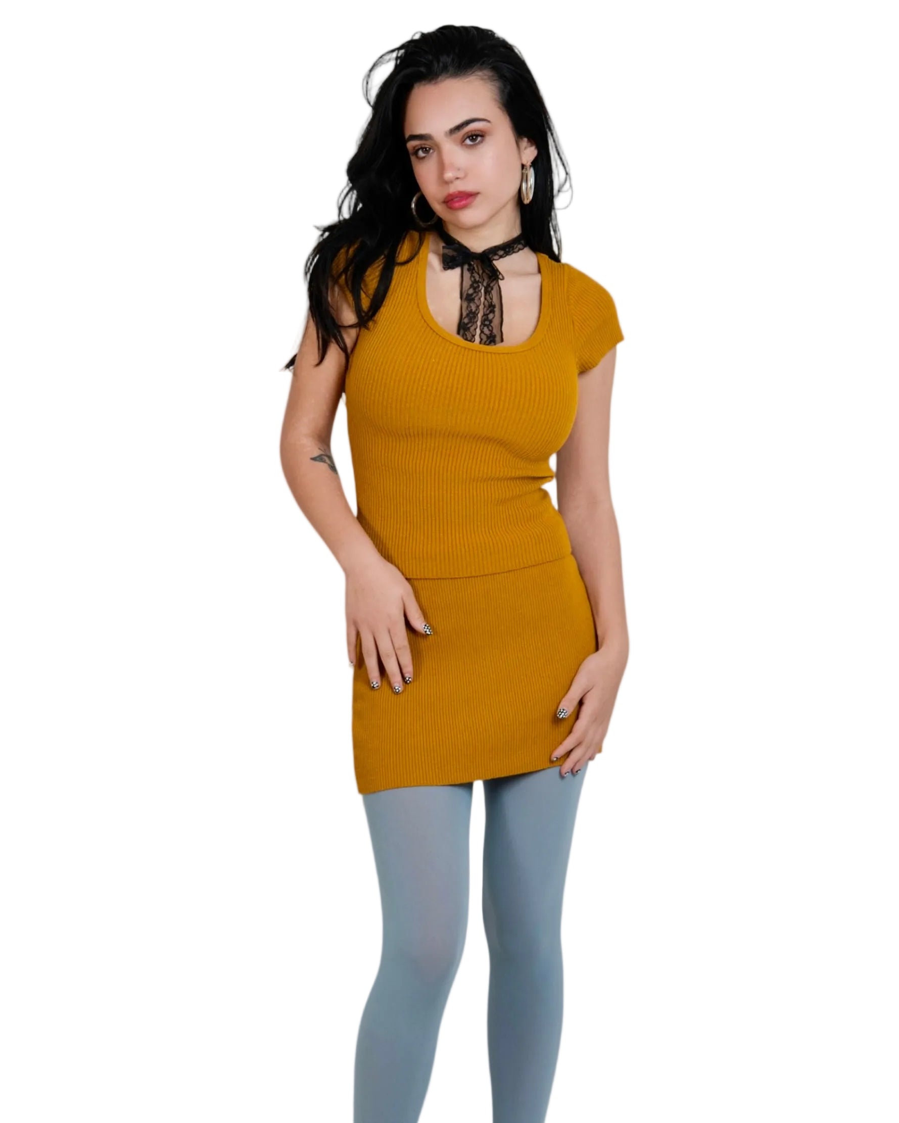 Woman wearing mustard rib knit scoop-neck short sleeve and mini by The Knit House LA 