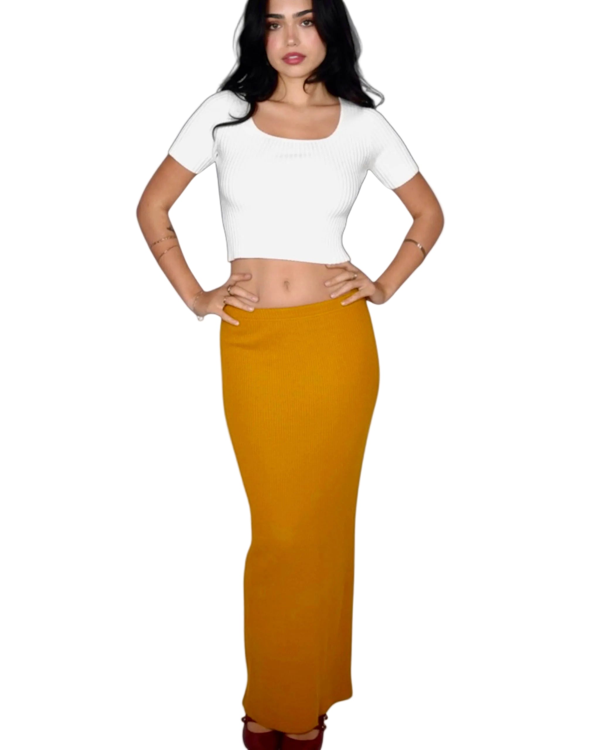 Woman wearing Dijon long straight  skirt by The Knit House LA