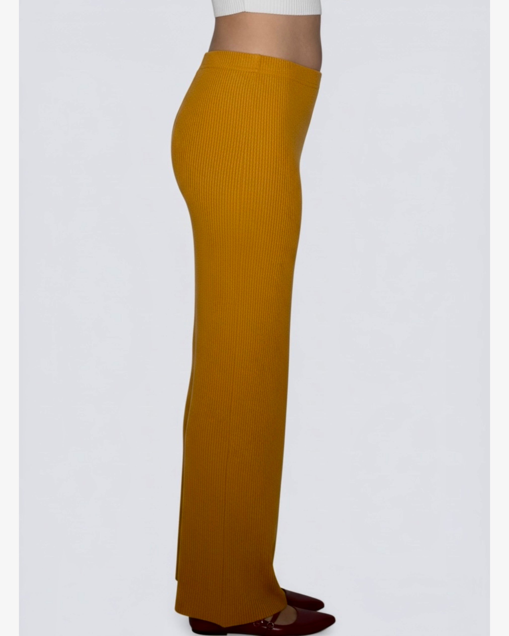 Side view long pencil skirt in mustard pencil skirt by The Knit House LA