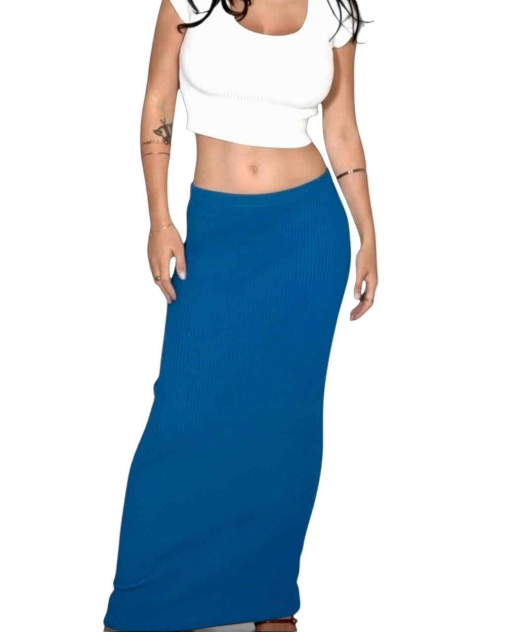Person wearing a white top and blue skirt on a white background