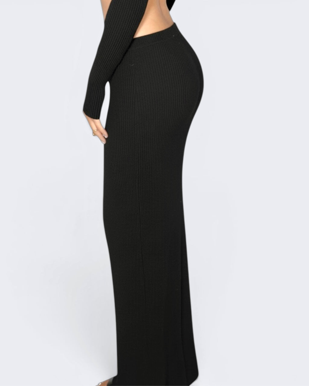 Black ribbed dress long straight skirt on a white background