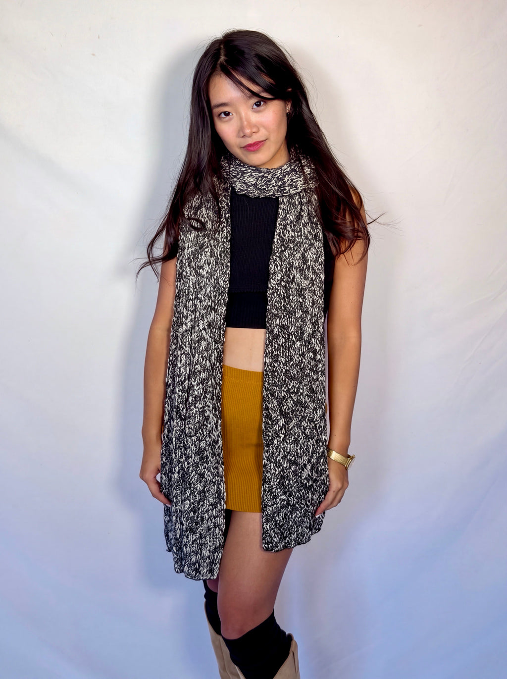 Sculpt Mini in Dijon — front view, layered with marled scarf, styled with Form Crop Shell in Ink.