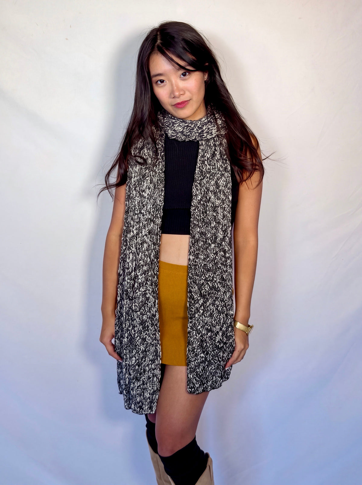 Sculpt Mini in Dijon — front view, layered with marled scarf, styled with Form Crop Shell in Ink.