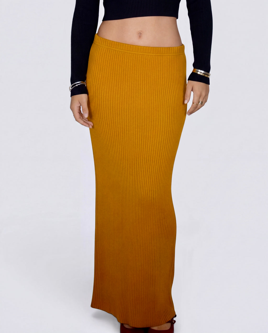 The Sculpt Tube Skirt rib knit - dijon mustard - designed and made by The Knit House LA