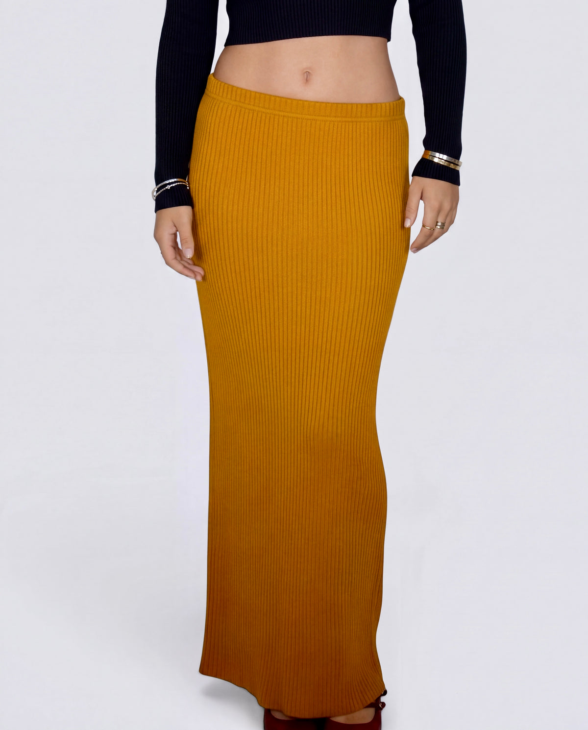 The Sculpt Tube Skirt rib knit - dijon mustard - designed and made by The Knit House LA