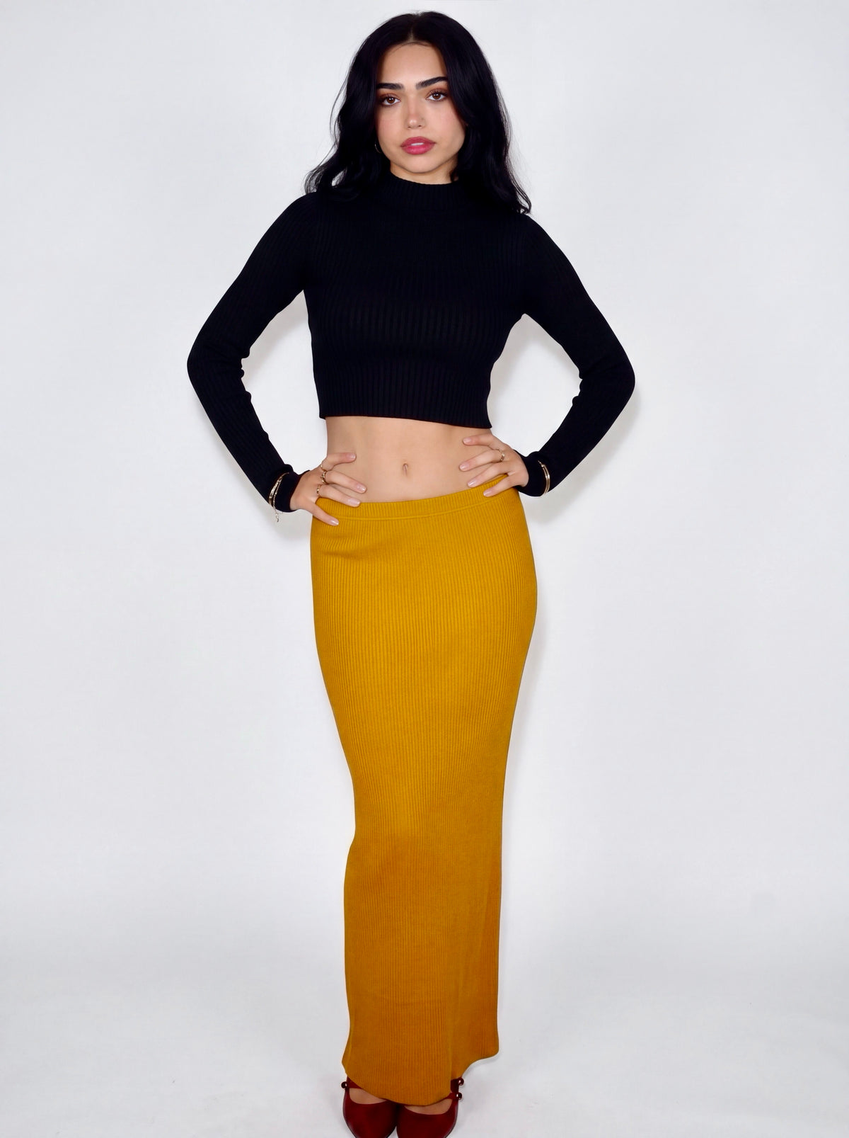 The Sculpt Tube Skirt rib knit - dijon mustard - designed and made by The Knit House LA