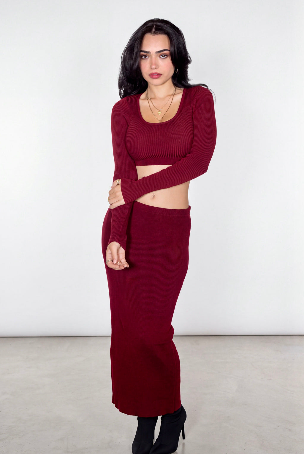 The Contour Crop Long Sleeve rib knit - brick red - designed and made by The Knit House LA