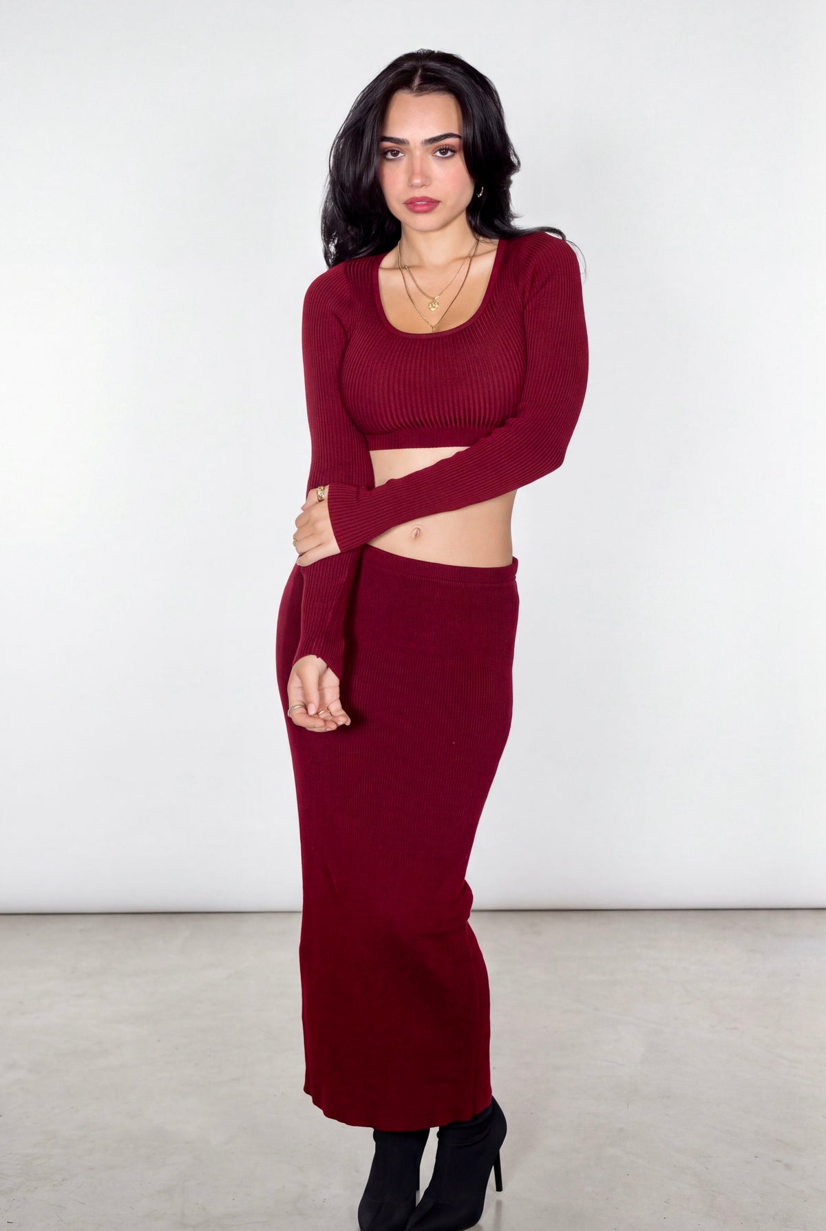 The Contour Crop Long Sleeve rib knit - brick red - designed and made by The Knit House LA