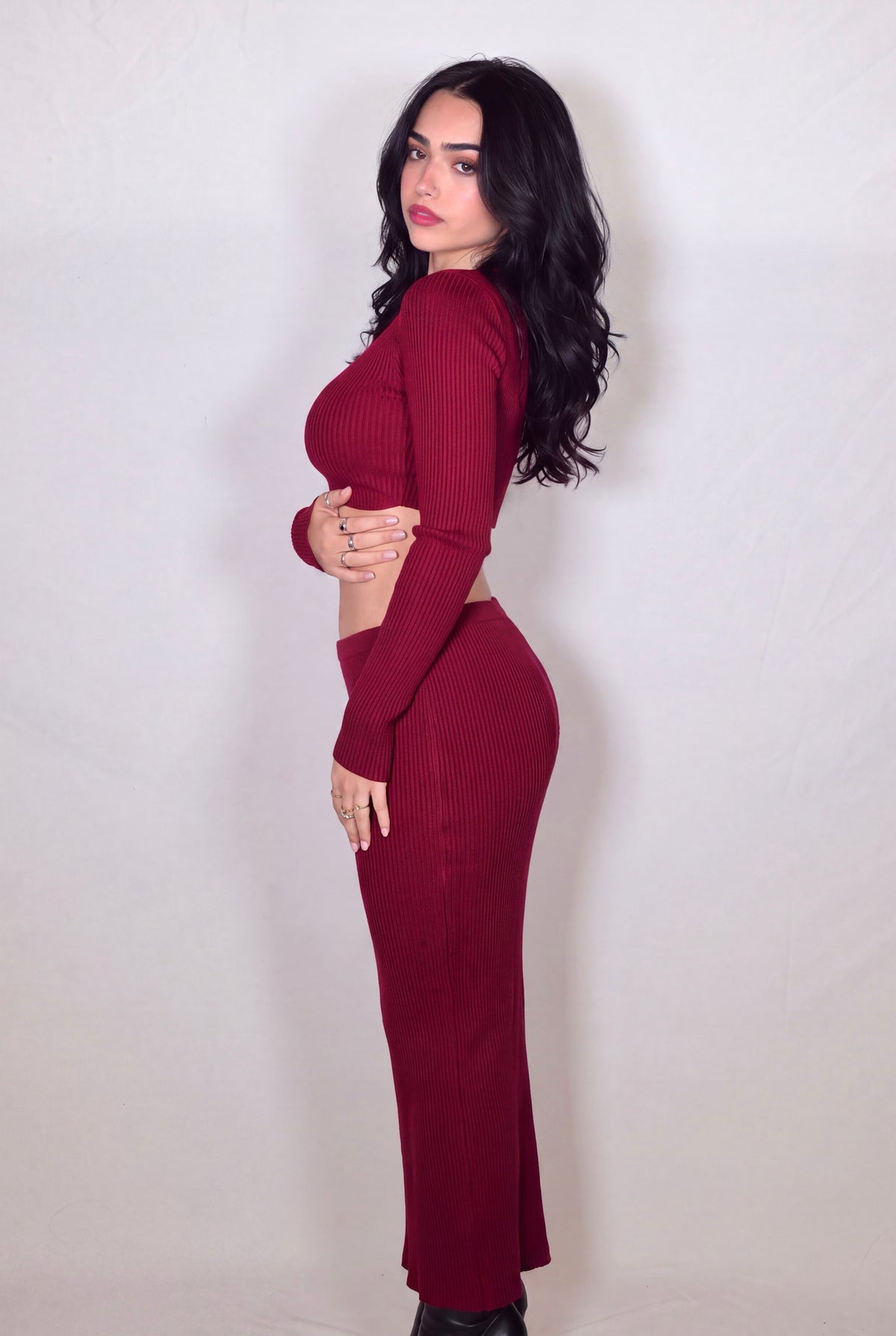 The Sculpt Tube Skirt rib knit - brick red - designed and made by The Knit House LA